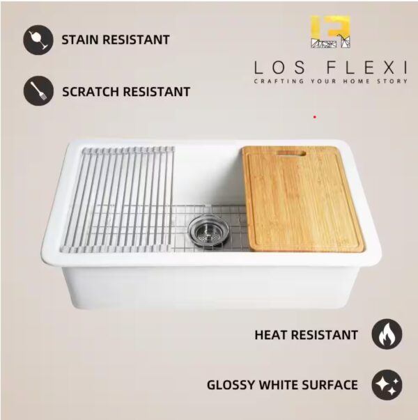 33 in. White Undermount Kitchen Sink, Dual Mount Kitchen Sink, Single Bowl Fireclay Workstation Sink With Accessories