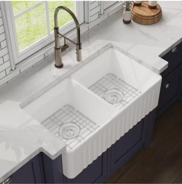 Eclipse White Ceramic 33 in. L 50/50 Rectangular Double Basin Farmhouse Apron Kitchen Sink with Grid and Strainer