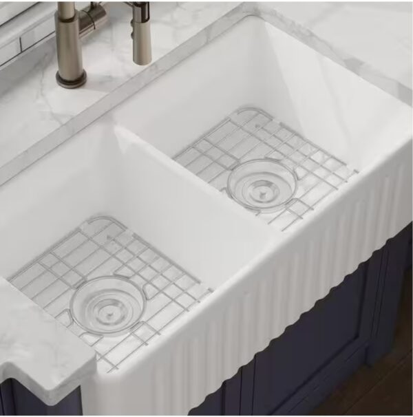 Eclipse White Ceramic 33 in. L 50/50 Rectangular Double Basin Farmhouse Apron Kitchen Sink with Grid and Strainer